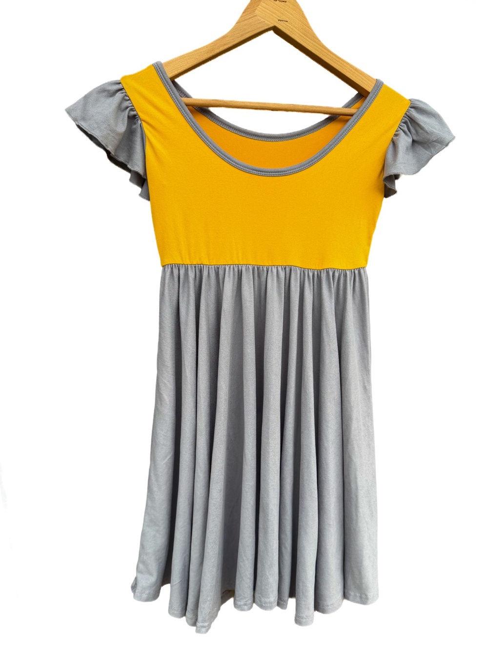 DotDotSmile TWIRL MAX 7 8 9 10 Medium Mustard Gray Empire Dress Flutter Sleeve - Picture 2 of 6